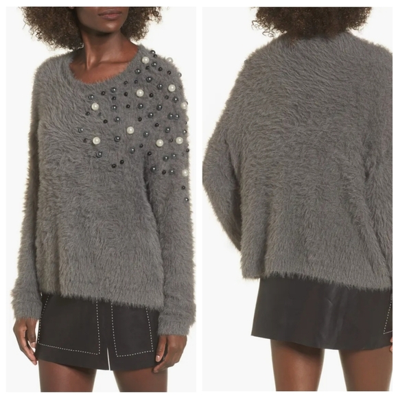 Leith Sweaters - Leith Faux-Fur Embellished Beaded Gray Sweater M NWT